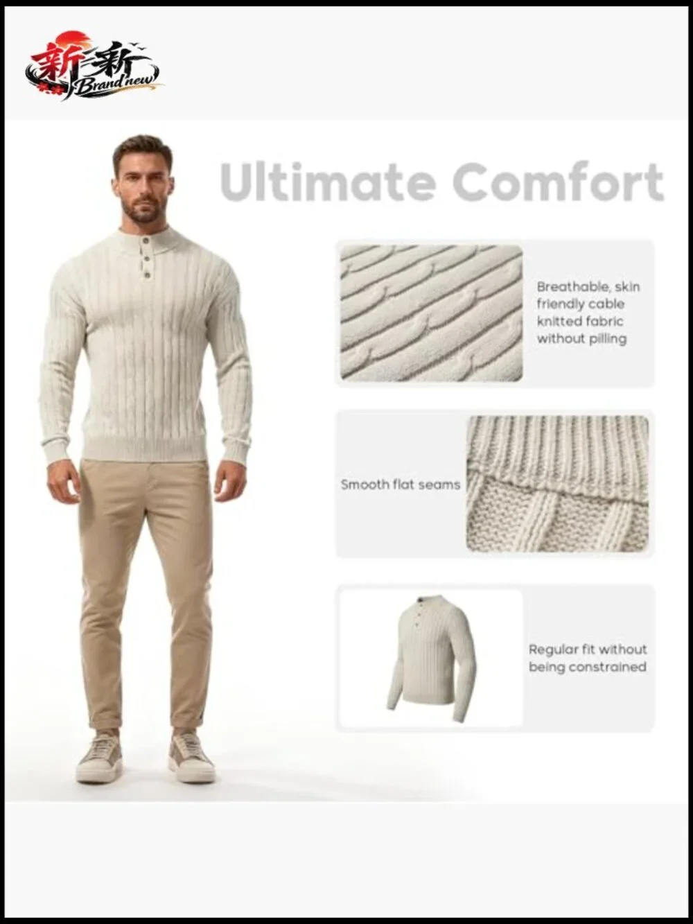 Cable Knit 1/4 Button Up Mock Neck Long Sleeve Pullover Sweater Men